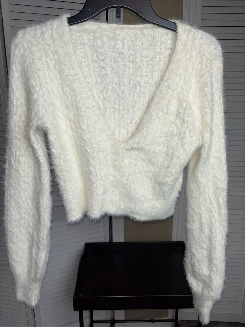 Soft Fuzzy V-Neck Cropped Cardigan Sweater - White